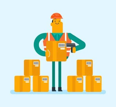 Caucasian warehouse worker scanning barcode on box Stockillustratie