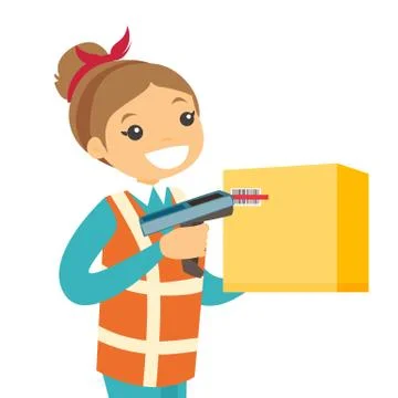 Caucasian warehouse worker scanning barcode on box Stock Illustration