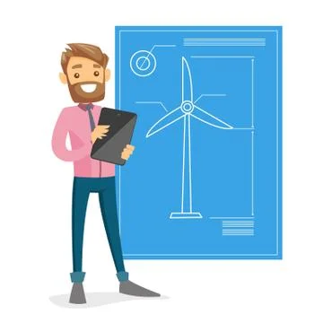 Caucasian white engineer projecting a wind turbine Stock Illustration