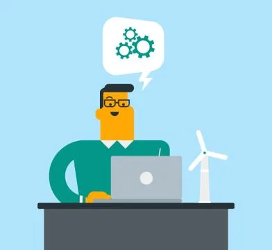 Caucasian white engineer projecting a wind turbine Stock Illustration