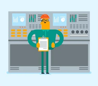 Caucasian white engineer working on control panel. Illustrazione stock