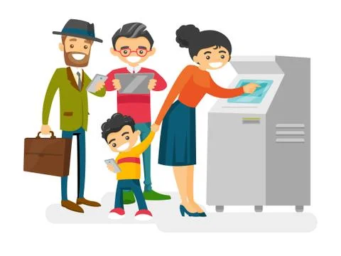 Caucasian white people standing in a queue to ATM. Illustrazione stock