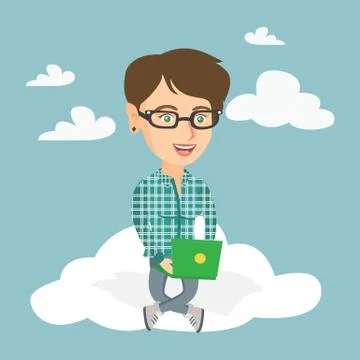 Caucasian woman using cloud computing technologies 스톡 일러스트