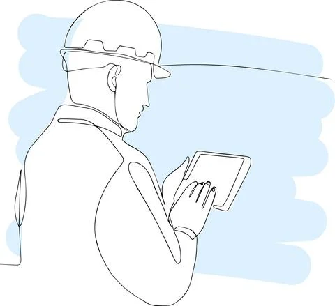 Caucasian worker with helmet on head using tablet Stock Illustration