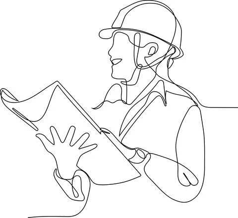 Caucasian worker with helmet on head using tablet Illustrazione stock