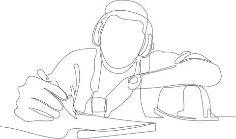Caucasian worker with helmet on head using tablet Illustrazione stock