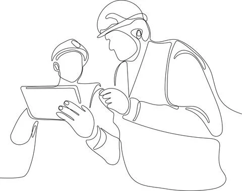 Caucasian worker with helmet on head using tablet Stock Illustration
