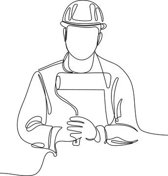 Caucasian worker with helmet on head using tablet Illustrazione stock