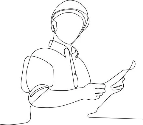 Caucasian worker with helmet on head using tablet Illustrazione stock