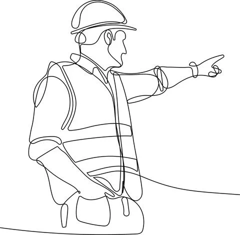 Caucasian worker with helmet on head using tablet Stock Illustration