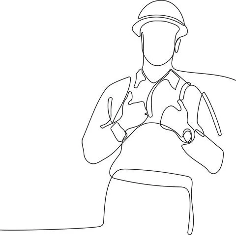 Caucasian worker with helmet on head using tablet イラスト素材