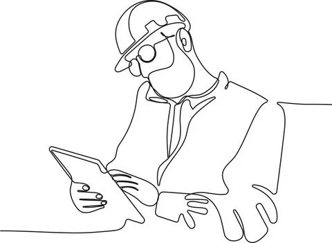 Caucasian worker with helmet on head using tablet Stock Illustration