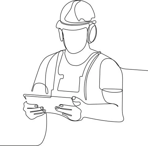 Caucasian worker with helmet on head using tablet Stock Illustration