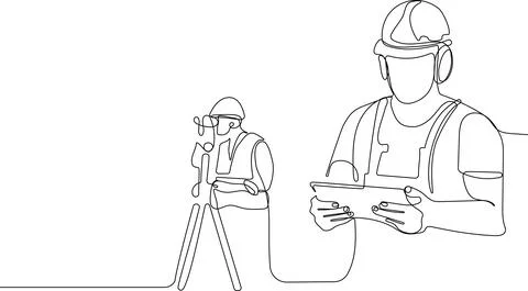 Caucasian worker with helmet on head using tablet Illustrazione stock