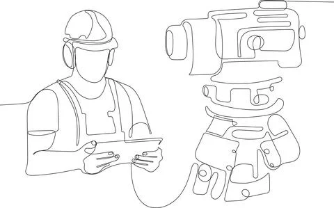 Caucasian worker with helmet on head using tablet Stock Illustration