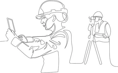 Caucasian worker with helmet on head using tablet Illustrazione stock