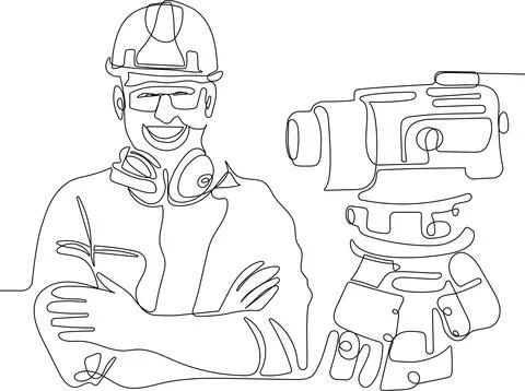 Caucasian worker with helmet on head using tablet Illustrazione stock