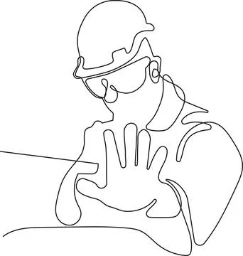 Caucasian worker with helmet on head using tablet Illustrazione stock