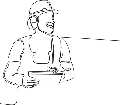 Caucasian worker with helmet on head using tablet Illustrazione stock