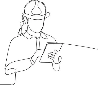 Caucasian worker with helmet on head using tablet イラスト素材