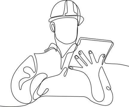 Caucasian worker with helmet on head using tablet Stock Illustration