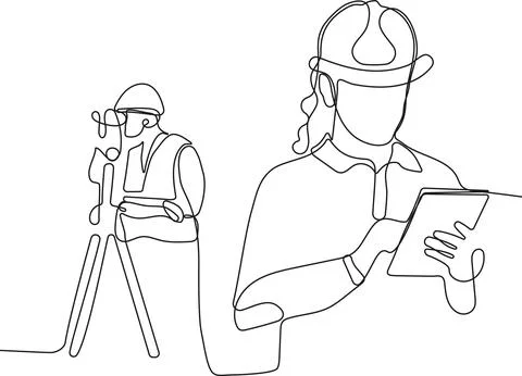 Caucasian worker with helmet on head using tablet Stock Illustration