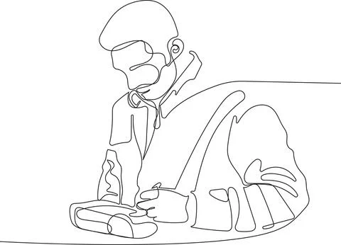 Caucasian worker with helmet on head using tablet Illustrazione stock