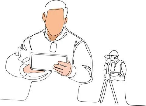 Caucasian worker with helmet on head using tablet Stock Illustration