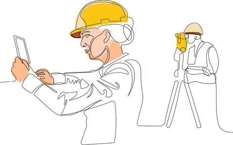 Caucasian worker with helmet on head using tablet Illustrazione stock