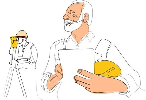 Caucasian worker with helmet on head using tablet Illustrazione stock