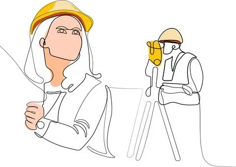 Caucasian worker with helmet on head using tablet Illustrazione stock