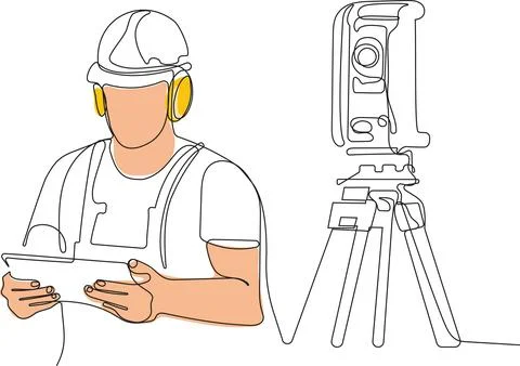 Caucasian worker with helmet on head using tablet Illustrazione stock