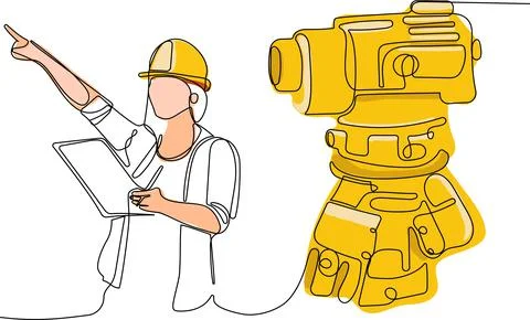 Caucasian worker with helmet on head using tablet Illustrazione stock