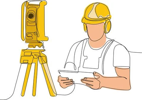 Caucasian worker with helmet on head using tablet Stock Illustration