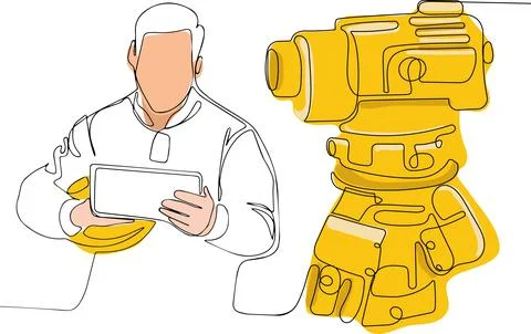 Caucasian worker with helmet on head using tablet Illustrazione stock