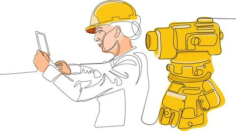 Caucasian worker with helmet on head using tablet Stock Illustration