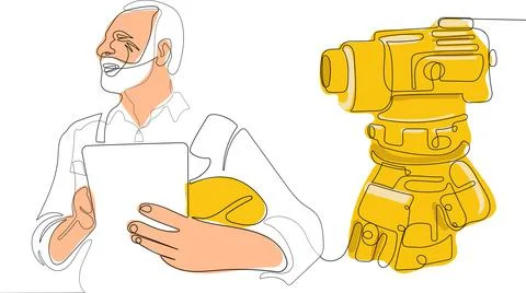 Caucasian worker with helmet on head using tablet Stock Illustration