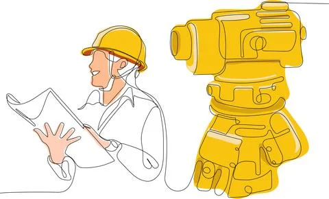 Caucasian worker with helmet on head using tablet Illustrazione stock