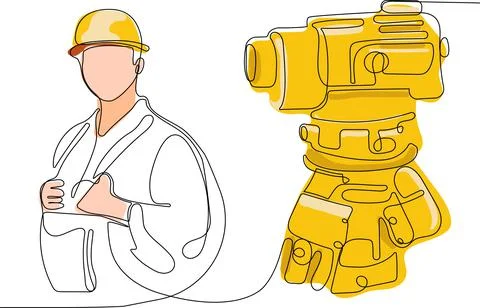 Caucasian worker with helmet on head using tablet 스톡 일러스트