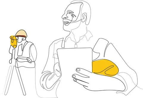 Caucasian worker with helmet on head using tablet 스톡 일러스트
