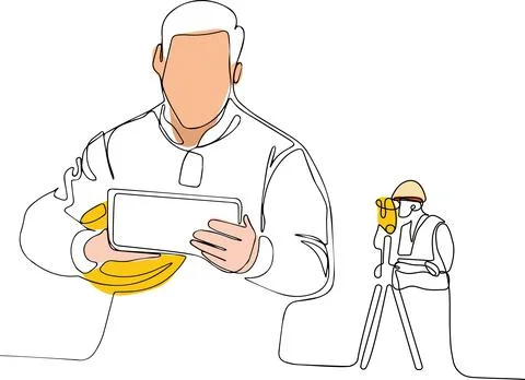 Caucasian worker with helmet on head using tablet Illustrazione stock