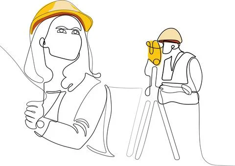 Caucasian worker with helmet on head using tablet Illustrazione stock