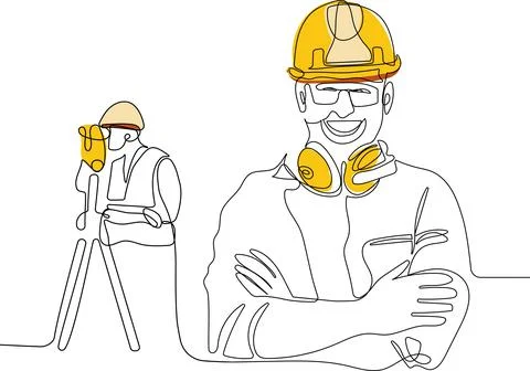 Caucasian worker with helmet on head using tablet Illustrazione stock