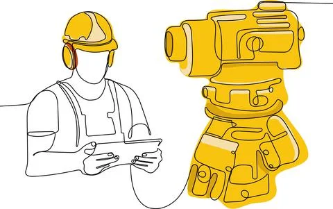 Caucasian worker with helmet on head using tablet Illustrazione stock