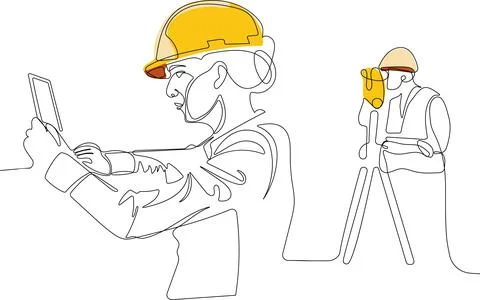 Caucasian worker with helmet on head using tablet Illustrazione stock