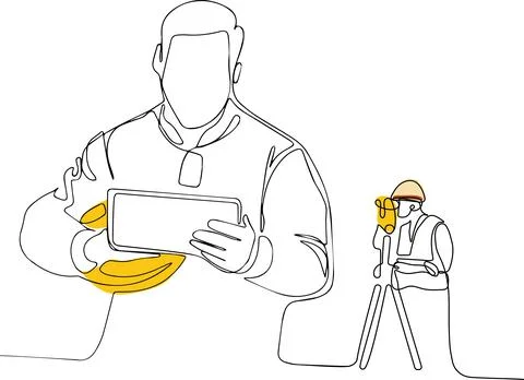 Caucasian worker with helmet on head using tablet Illustrazione stock