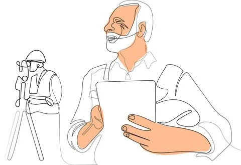 Caucasian worker with helmet on head using tablet Stock Illustration
