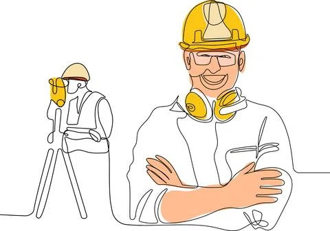 Caucasian worker with helmet on head using tablet Stock Illustration