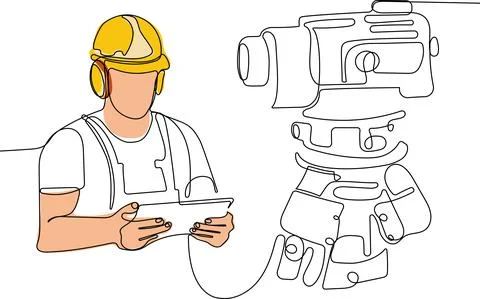 Caucasian worker with helmet on head using tablet 스톡 일러스트