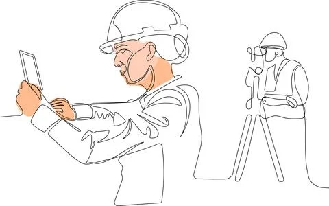 Caucasian worker with helmet on head using tablet 스톡 일러스트
